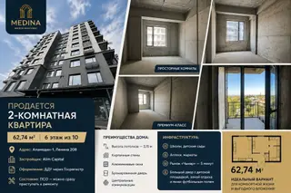 2 комнаты, 62 м², Аламедин-1 мкр Элитка, 6 этаж, ПСО (под самоотделку)